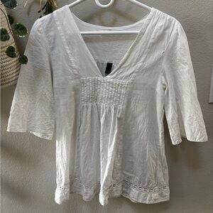 White Smocked 3/4 Sleeve Tunic Blouse